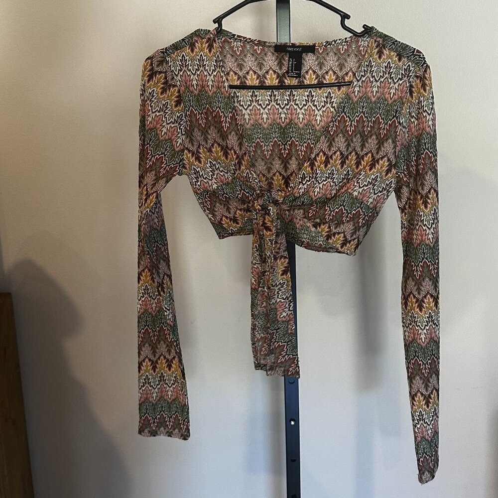 Forever 21 Boho Sheer Mesh Tie Front Crop Top – Multicolor – Size S